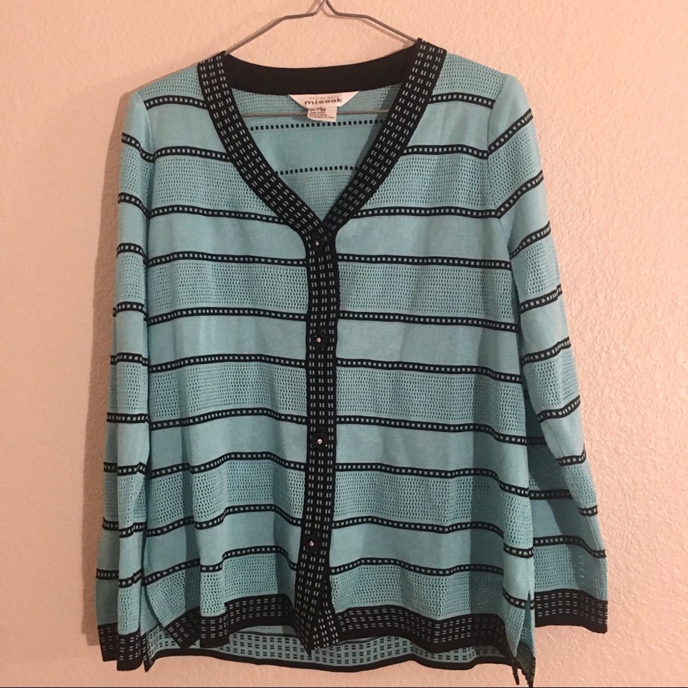 Exclusively Misook Stripe Cardigan Crystal Button